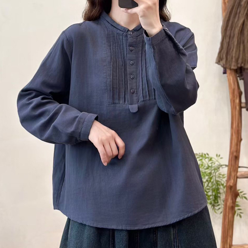 日韩春秋双层棉纱休闲长袖衬衫木耳领宽松棉质宽松大码女装衬衣|undefined