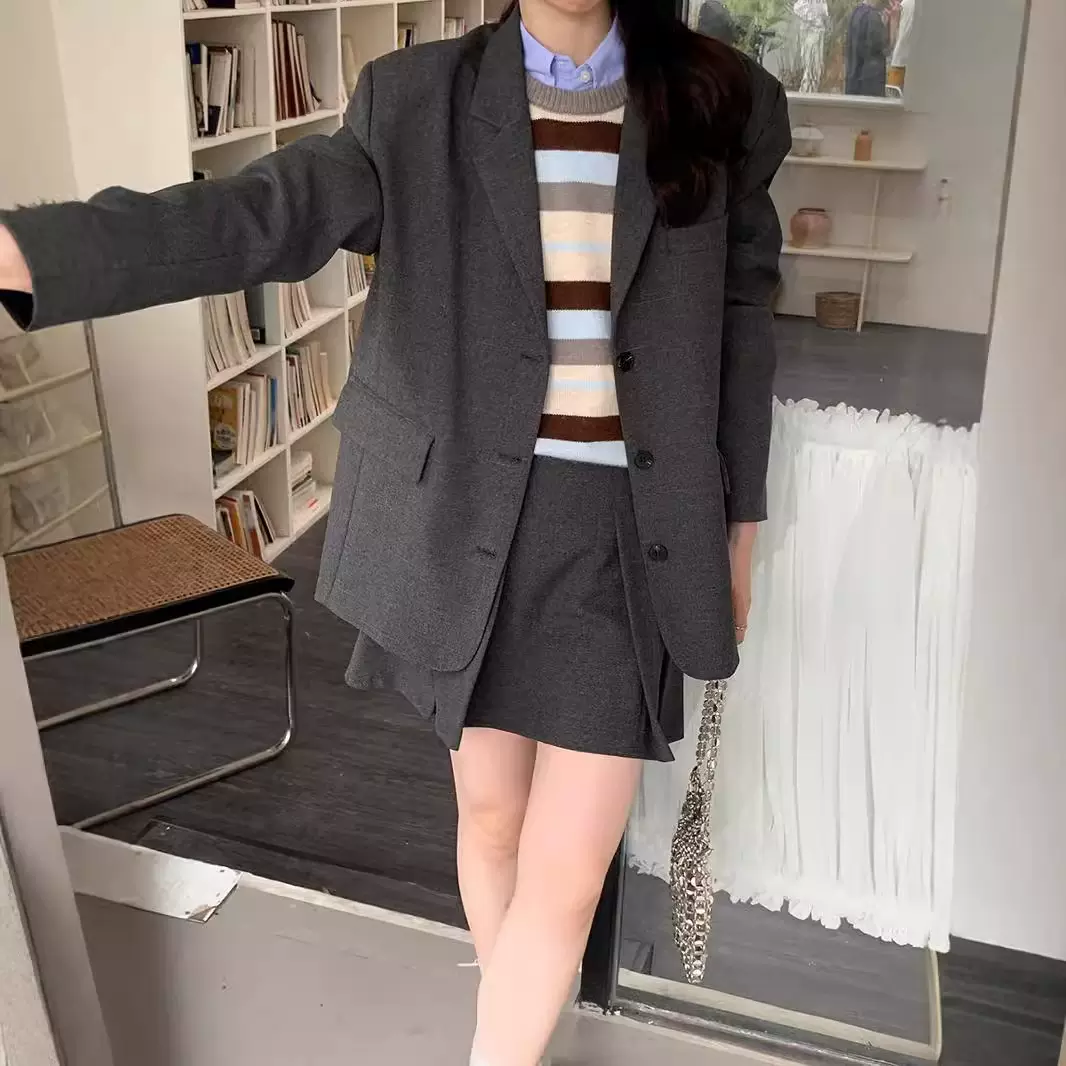 薇颂韩代东大门秋季灰色西装外套女2024十三行新款休闲长袖小西服