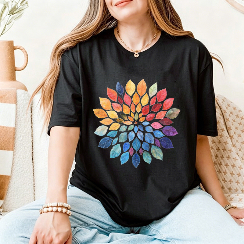 Cross-Border Best-Selling Bohemian Style Watercolor Rainbow Leaf Mandala Print T-Shirt Short Sleeve European Size 60522 Cross-Border Best-Selling Bohemian Style Watercolor Rainbow Leaf Mandala Print T-Shirt Short Sleeve European Size 60522