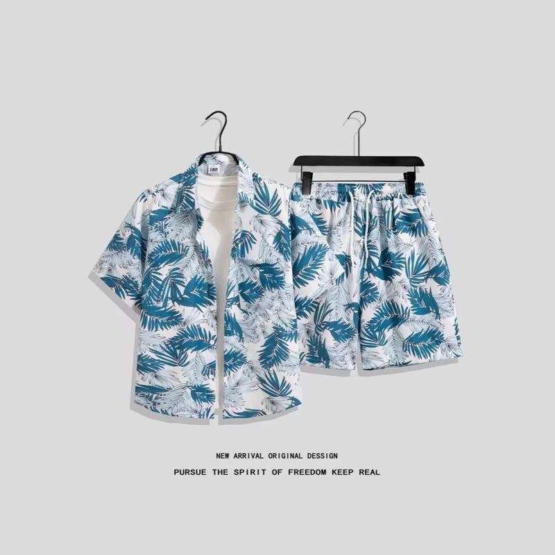 Thai-Style Floral Shirt and Shorts Two-Piece Set for Men and Women, Hawaiian Beach Quick-Dry Short-Sleeve Shirt Couple Set