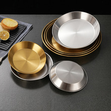 加厚不锈钢平底盘海鲜盘金色圆形烤肉盘厨房披萨盘烘焙盘多用盘子