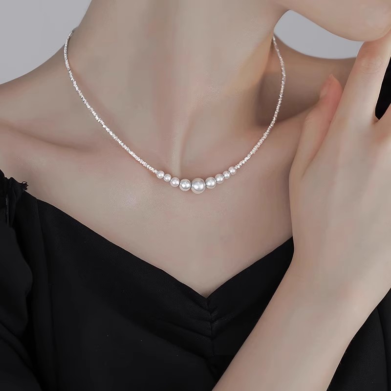 帝丰s999纯银施家珍珠碎银子项链女渐变微笑锁骨链爆款高级感颈链