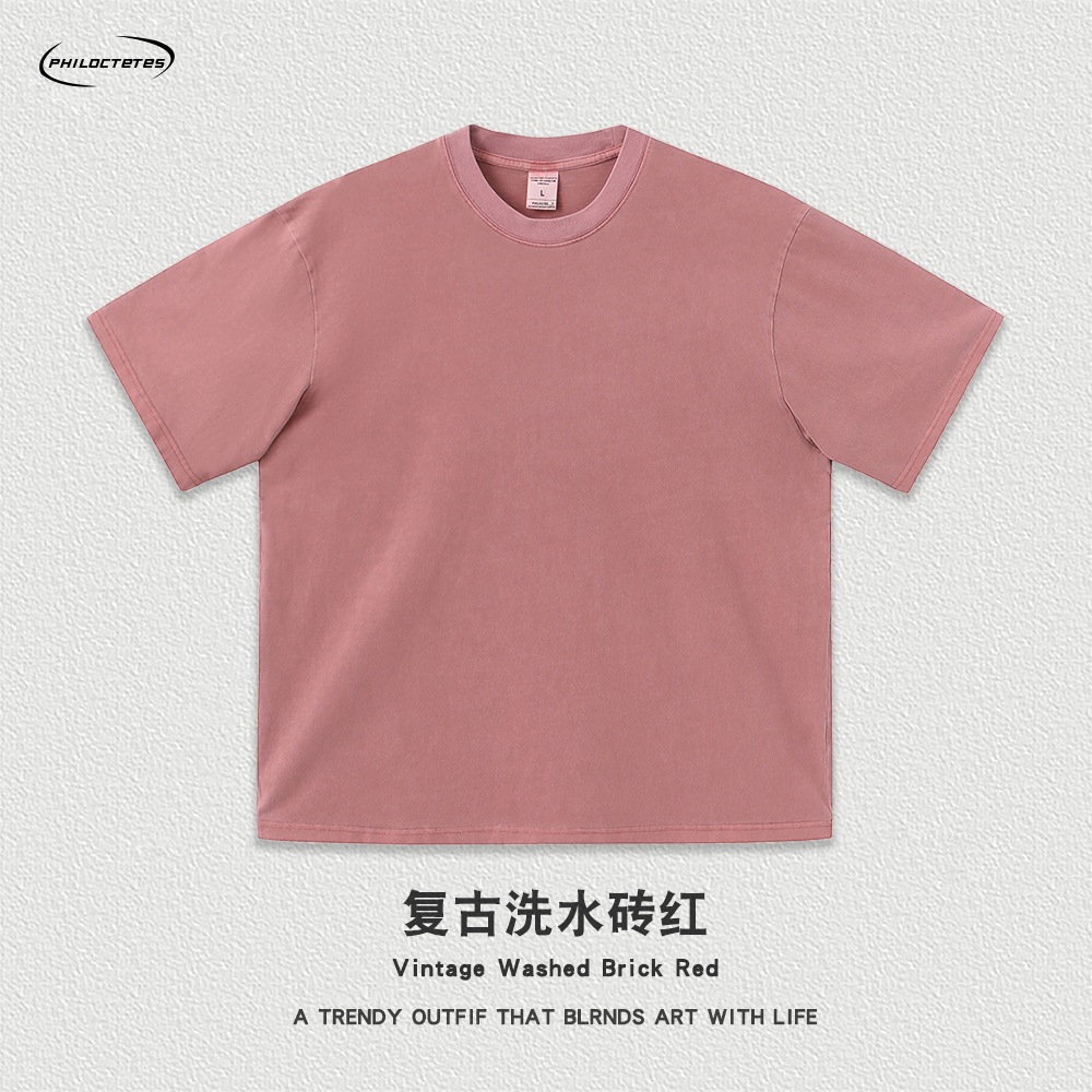 Comercio exterior pesado 260g flor frita apenado color sólido de manga corta Camiseta hombres y mujeres sueltos lavados camiseta de marca de moda estadounidense transfronteriza