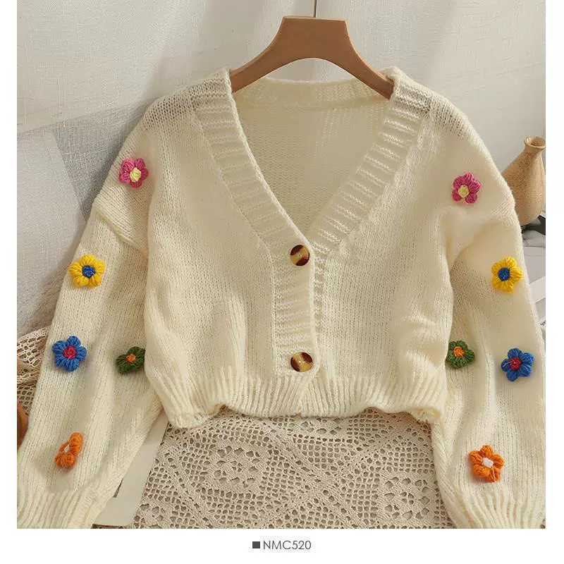 韩版立体花朵小个子短款毛衣女春秋新款百搭清新甜美风针织开衫女