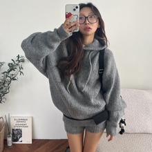 东大门秋日新款ins温柔可爱连帽休闲百搭长袖毛衣+短裤时尚套装女