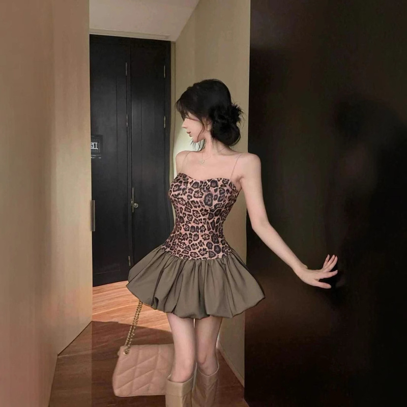 American Retro Hot Girl Leopard Print Suspender Splicing New Dress Flower Bud Tutu Skirt Slim High Waist Short Skirt
