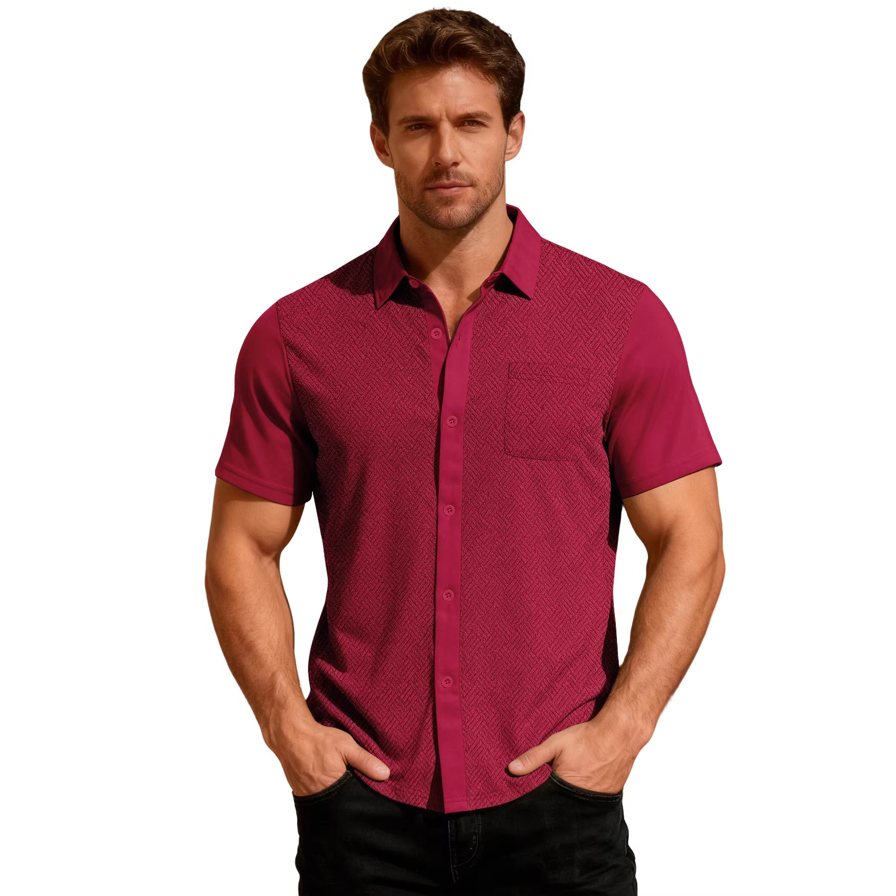 Europa y Estados Unidos ropa de hombre transfronteriza TK paleta de verano suelta con solapa transpirable Cardigan toalla jacquard camisa de hombre de manga corta