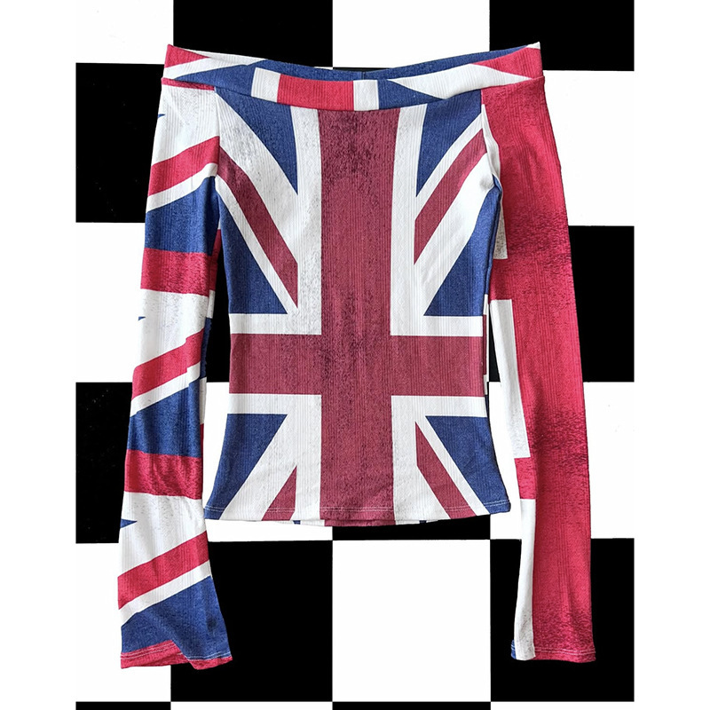 European and American Subculture Y2K Harajuku Millennial Hot Girl Miko Flag Digital Printing Slim Sexy One-Shoulder Long-Sleeved T-Shirt