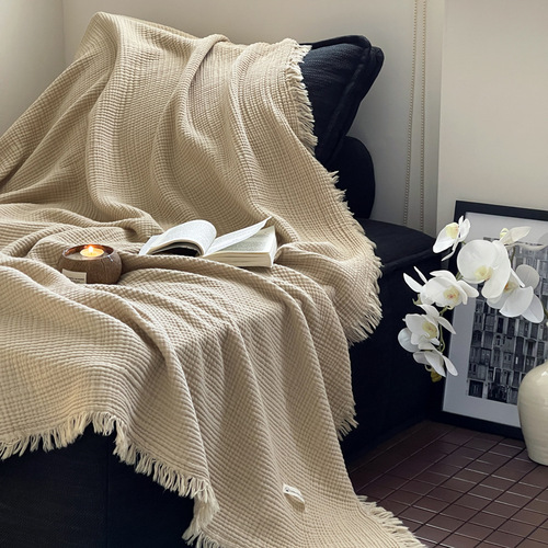 All-cotton four-layer crinkled yarn fringe blanket, suitable for autumn and winter, Maillard yarn cover blanket, office nap blanket, pure cotton yarn cover blanket