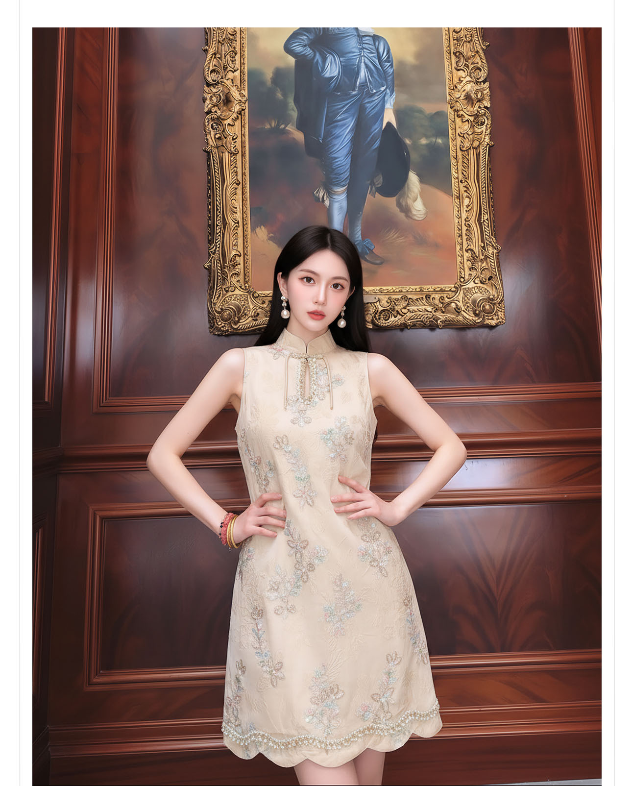 Đầm suông midi tay không họa tiết hoa nhí phong cách Tân Trung Hoa thêu hạt cườm — màu mơ chi tiết 2