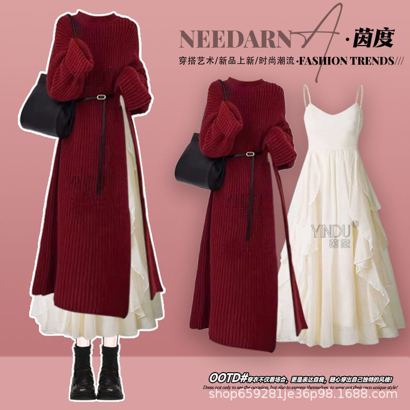 Autumn and Winter 2025 New Suit Women's French Christmas Style Knitted Sweater with Light and Mature Suspender Dress Two-Piece Set Autumn and Winter 2025 New Suit Women's French Christmas Style Knitted Sweater with Light and Mature Suspender Dress Two-Piece Set