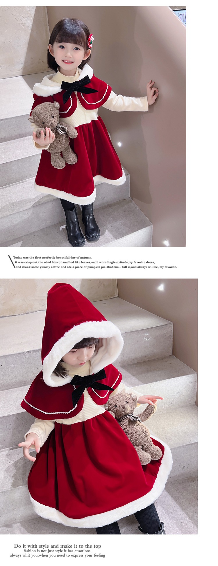 Mädchen Weihnachten Mantel Hut 2023 Neue Kinder Samt Verdickt Schal Rot Kleid_voghion.com