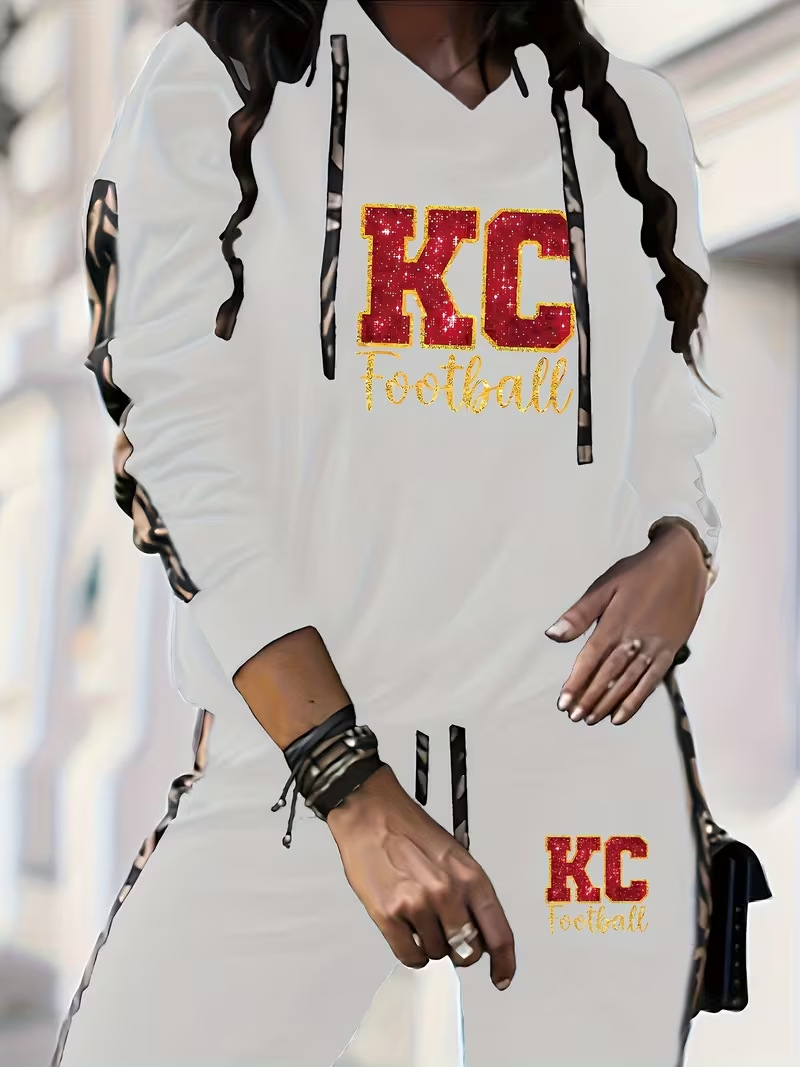 Women's Casual KC Logo Print Hooded Long Sleeve Sweatshirt And Jogging Pants Set Loose Fitting Comfortable 0051 Print_ecoleips.com