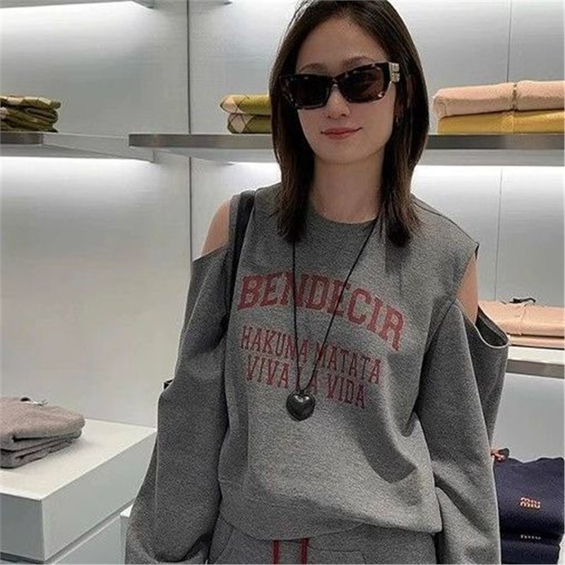 春秋季新款女装小个子露肩卫衣休闲时尚运动印花露肩显高两件套装|undefined