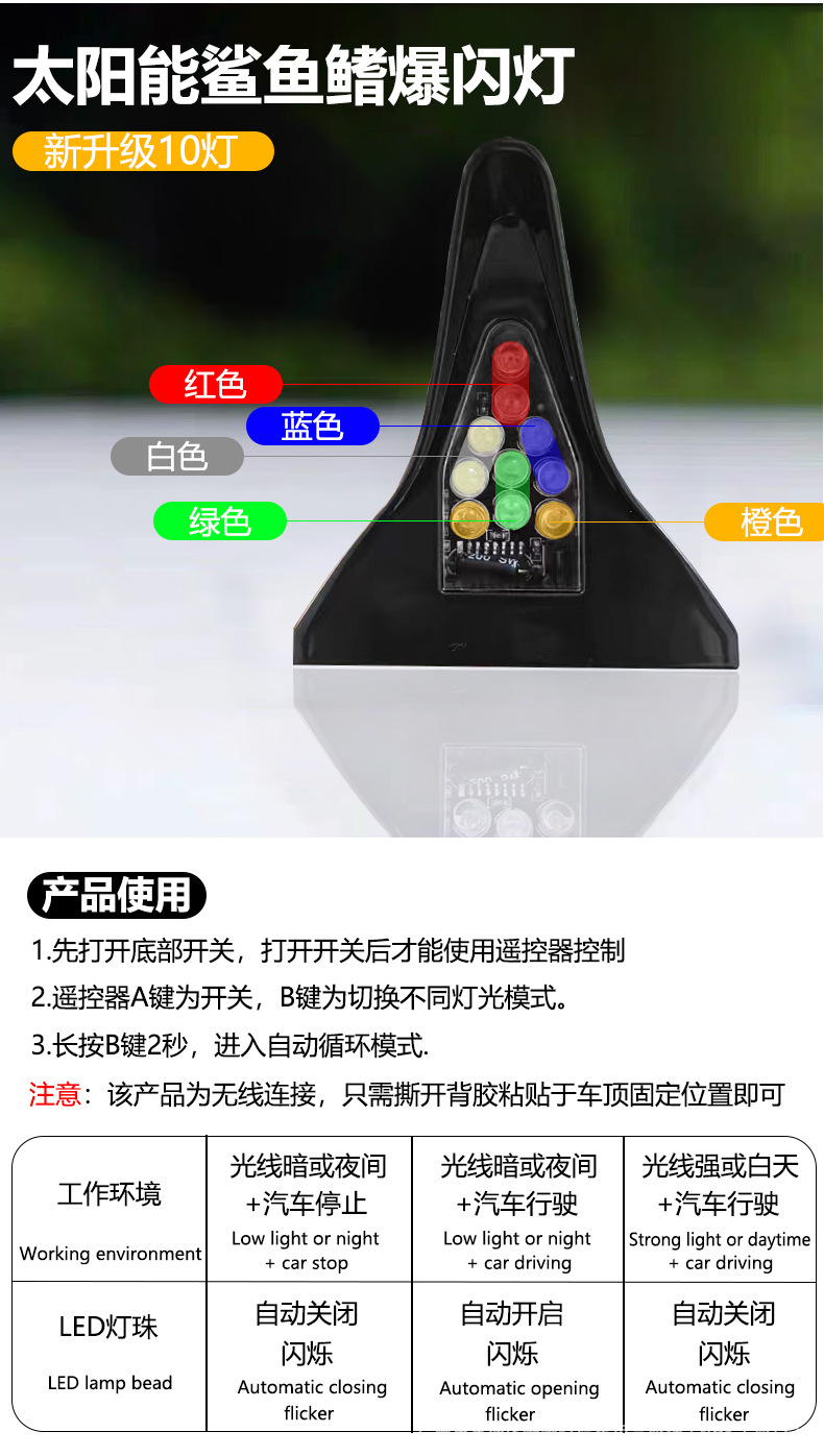 Car Solar Shark Fin Anti-Rear Collision Antenna with Remote Control Car Decorative Led Flash Light Car Decorative Light