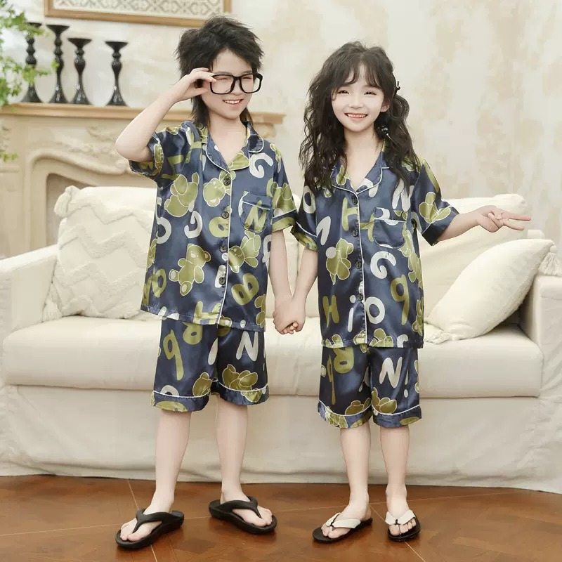 中大童夏款男童女童卡通冰丝短袖家居服套装轻薄儿童睡衣套装批发