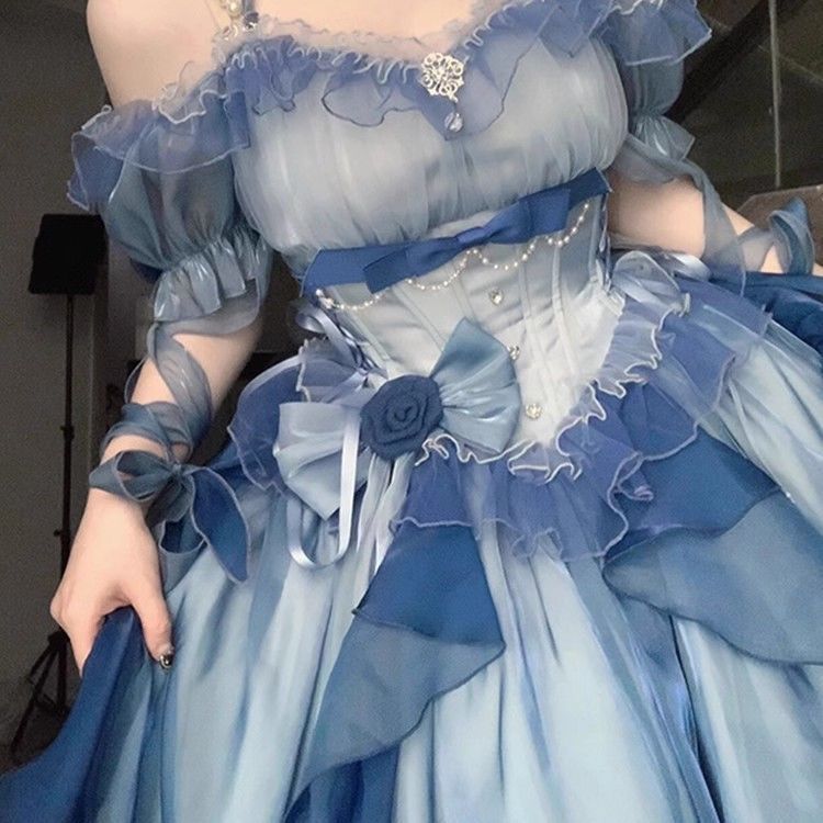 洛丽塔重工拖尾蓬蓬前短后长在逃公主裙蓝色花嫁礼服lolita连衣裙|undefined