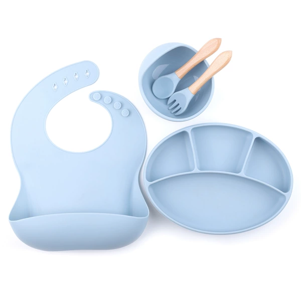 Blue set, bib, dinner plate, fork, spoon, 5 pieces