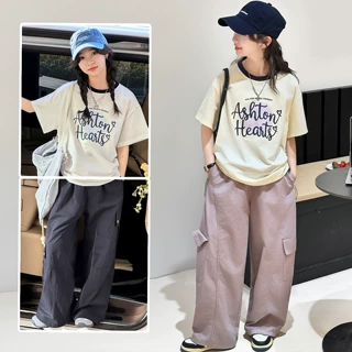 女童夏季套装工装裤薄款洋气时尚短袖T恤两件套2026新款休闲大童