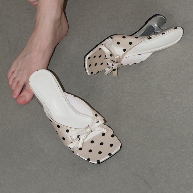 [Ready Stock] Designed Niche Special-Shaped Heel Slippers, Retro Bow Polka Dot Heart High-Heeled Square-Toe Sandals