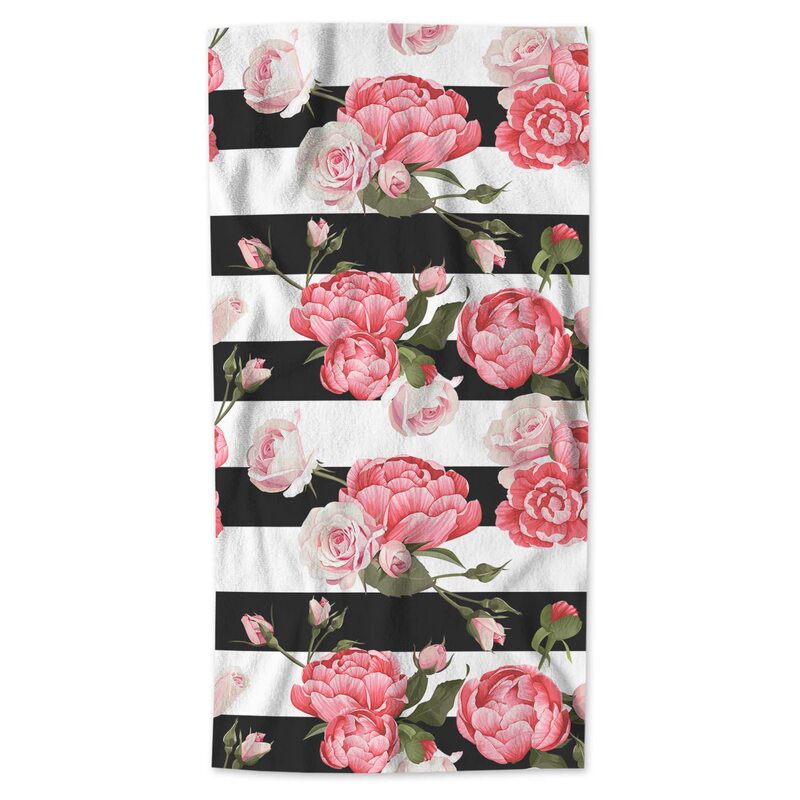 Pink Flower Towel Peony Rose Floral Green Leaves Black and White Striped Bathroom Kitchen Towel Beach Bath Towel Bathroom