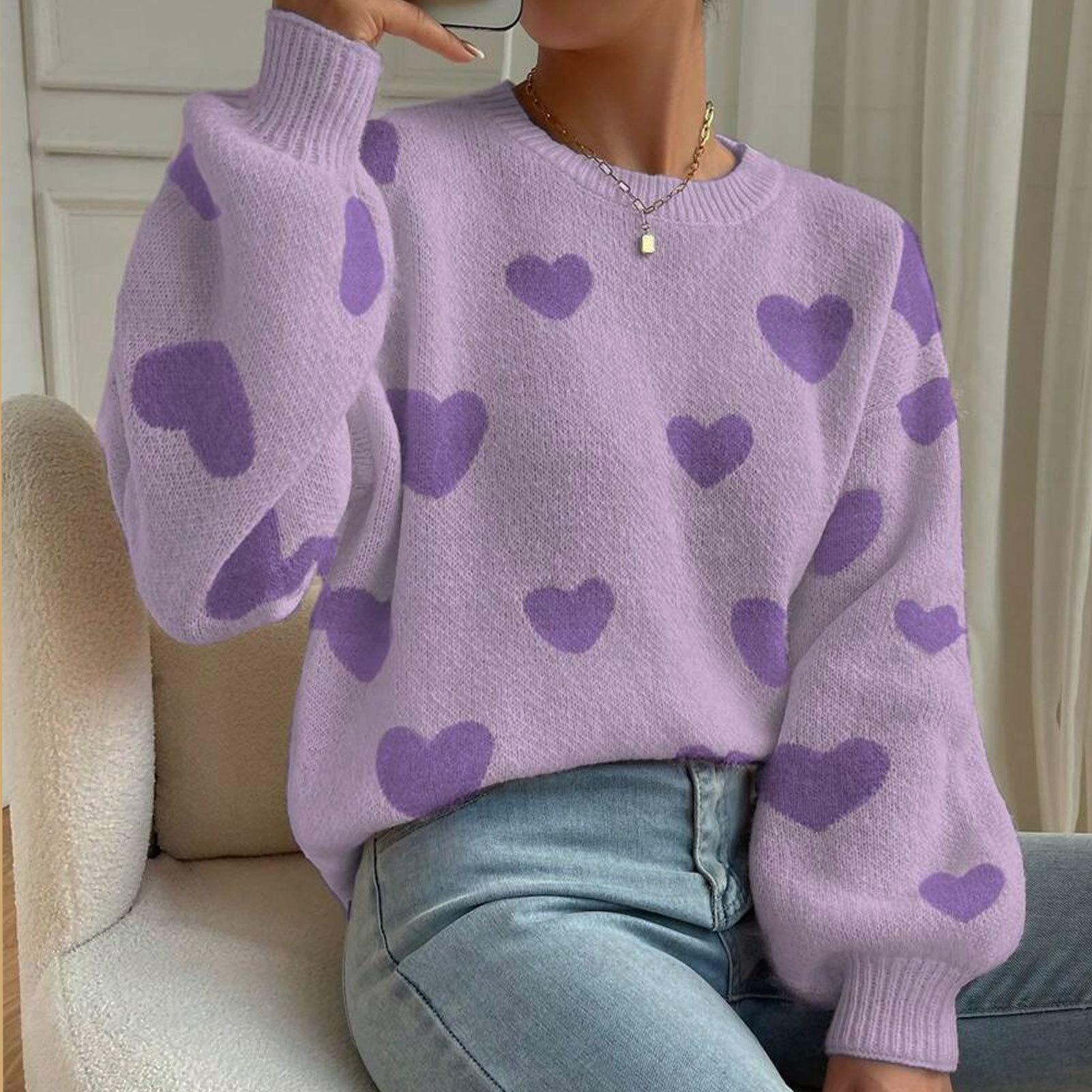 2026 European and American cross-border new women's clothing autumn and winter love pullover loose casual commuting style round neck knitted sweater for women