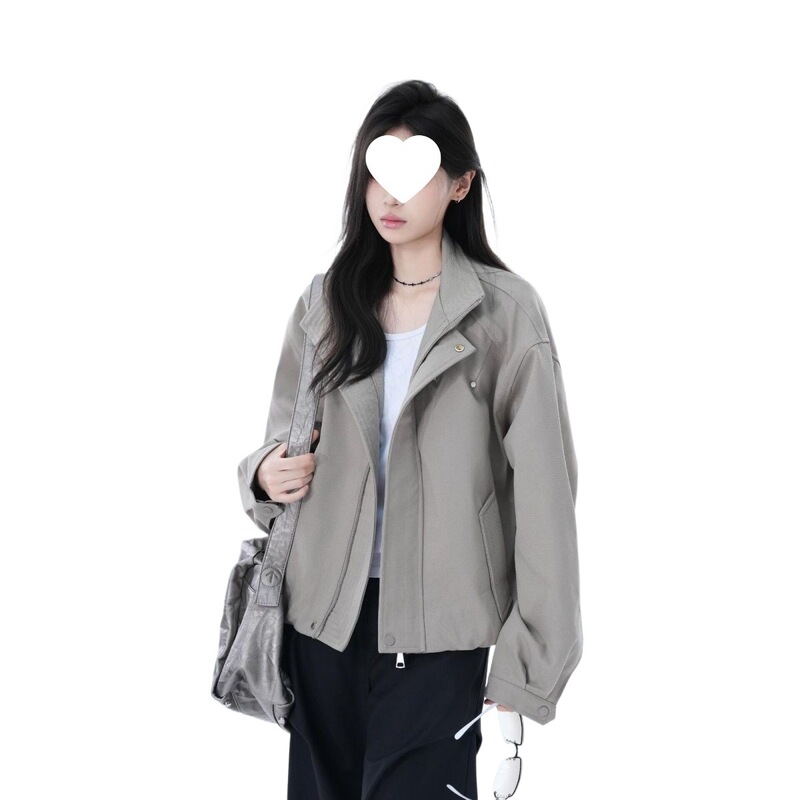 立领美式复古潮牌工装夹克上衣女秋冬季宽松设计感小众廊形外套女|undefined