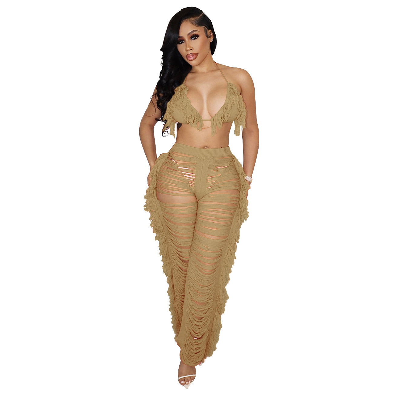 Women's Clothing summer new women's sexy tassel knitted pants suit_voghion.com