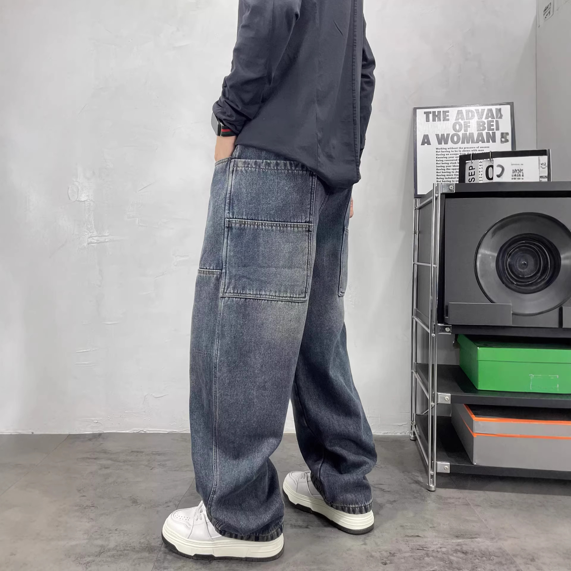 Men's High-Waisted Color-Block Jeans Blue & Black Loose Wide-Leg Straight Pants Hip Hop Style European American Trendy Brand_mkmklike.com