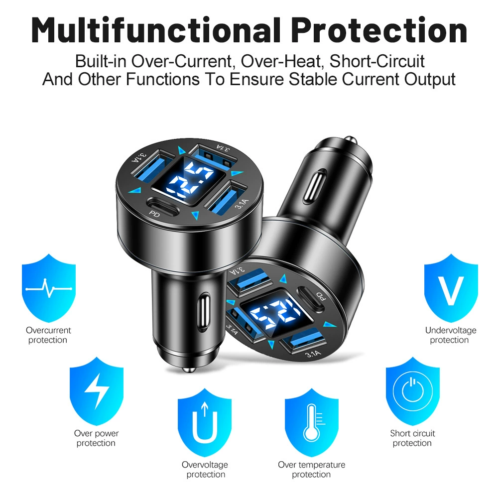 Автомобильное зарядное с четырьмя каналами, дисплей, 3 USB + PD, цифровой индикатор, автомобильное зарядное 3.1A Type-C