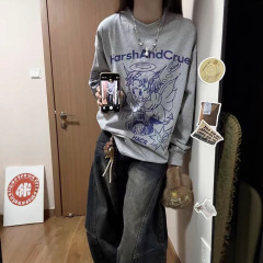 手绘涂鸦天使鬼马精灵长袖t恤打底衫女秋冬季新款宽松慵懒风上衣