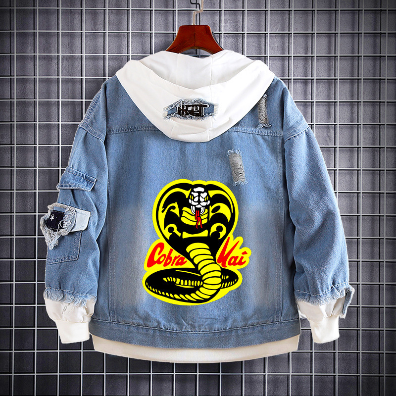 Cobra Karate Kid Denim Jacket Cobr Kai Fake Two-Piece Hooded Sweater Loose Ripped Jacket