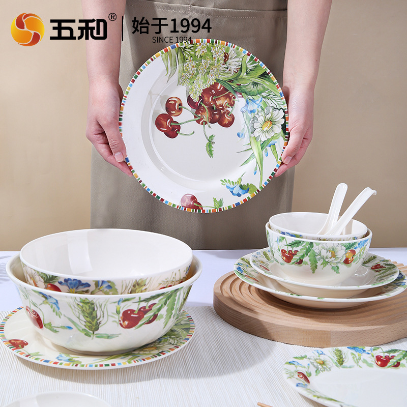 A5 cherry flower melamine plate high-looking commercial fast food plate melamine bowl Cup spoon suit imitation porcelain tableware wholesale