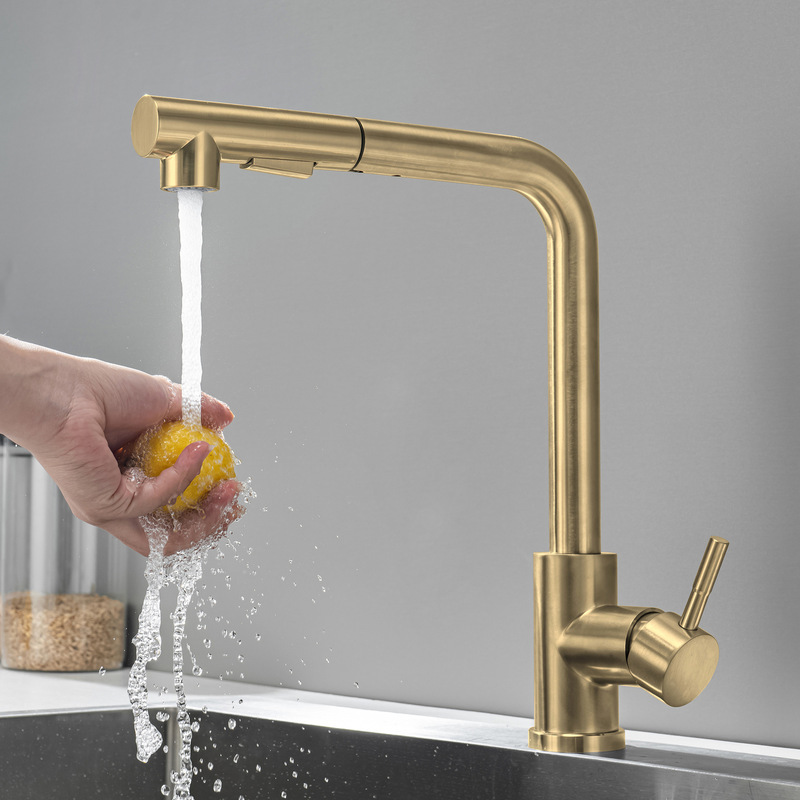 304 stainless steel kitchen pull-out faucet seven-character gold color sink dish basin hot and cold faucet 304 stainless steel kitchen pull-out faucet seven-character gold color sink dish basin hot and cold faucet