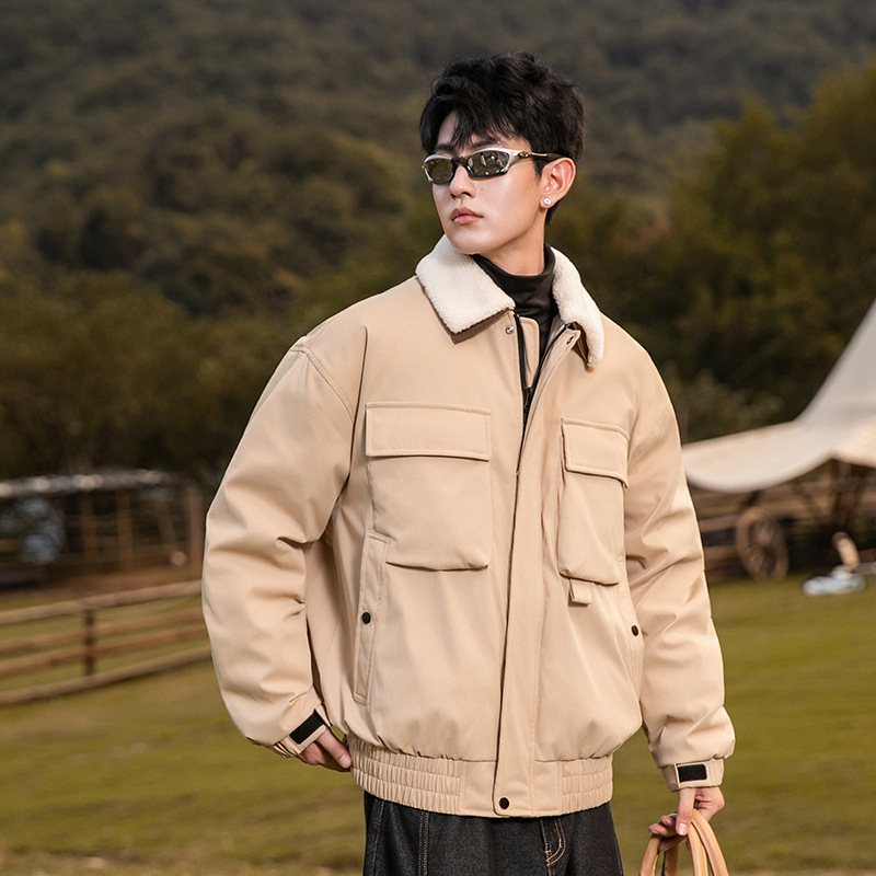 Sheep Wool Detachable Fur Collar Workwear down Jacket for Men and Women, Winter Large Size Turn-Down Collar Warm Coat, Mid-Length Style