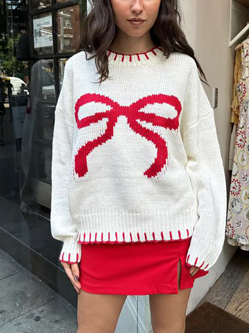 Vêtements pour femmes Pull jacquard à nœud pour femme Automne et hiver Style paresseux Pull ample chaud et confortable_voghion.com