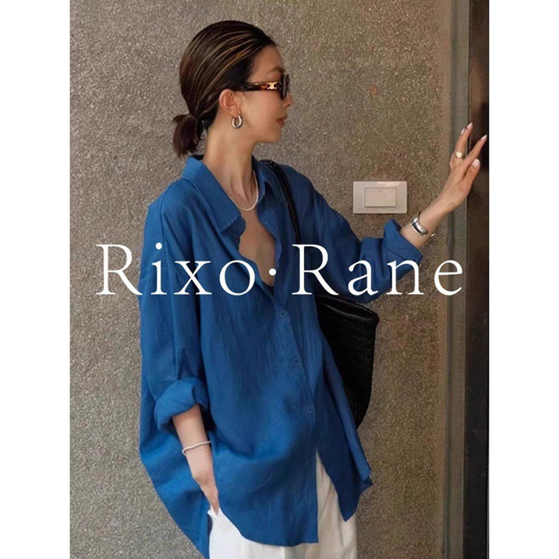 French Rixo Rane High-End Linen Sun-Protective Long-Sleeve Shirt Cardigan Loose Cotton-Linen Blue Shirt