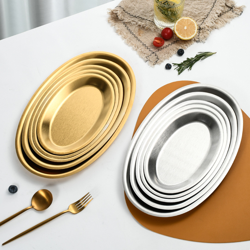 Stainless Steel Korean Oval Plate Golden Barbecue Plate Denier Dessert Plate Fried Chicken Snacks Deep Plate Thickened Wholesale