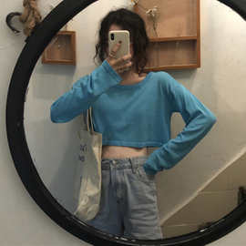 现货2019秋季新款ins纯色百搭短款长袖T恤女韩版学生chic港风上衣