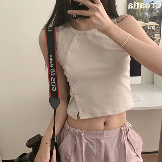 9097 # Милый и крутой жилет с косыми пуговицами для девочек, универсальный жилет без рукавов с поясом на животе, нагрудник, короткий стиль