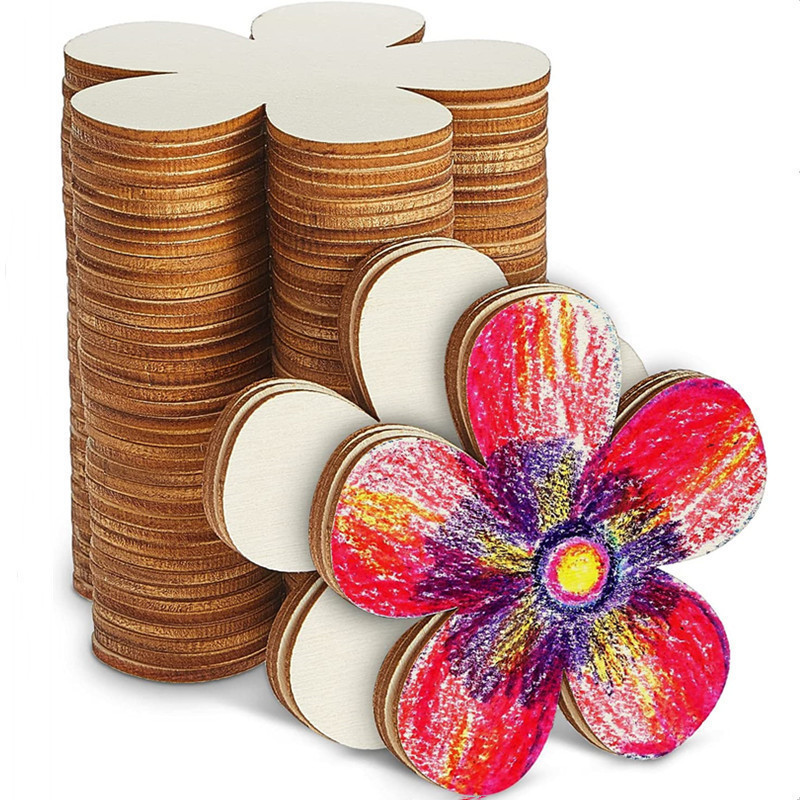 Wooden Flower Cutouts Blank Flower Shape Wood Trim Flower Decorative Wood Slices for DIY Projects Decor