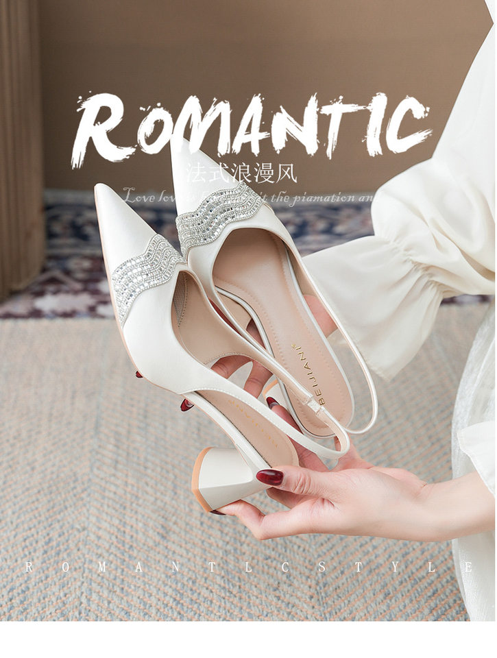 Sandal cao gót nữ mũi nhọn hở gót gót thô đính đá chất liệu satin, gót 6–8 cm — Màu trắng ngà, Vàng nhạt chi tiết 2