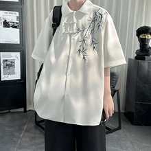 国风短袖衬衫男复古潮牌新款夏季宽松小众垂感新中式盘扣唐装衬衣