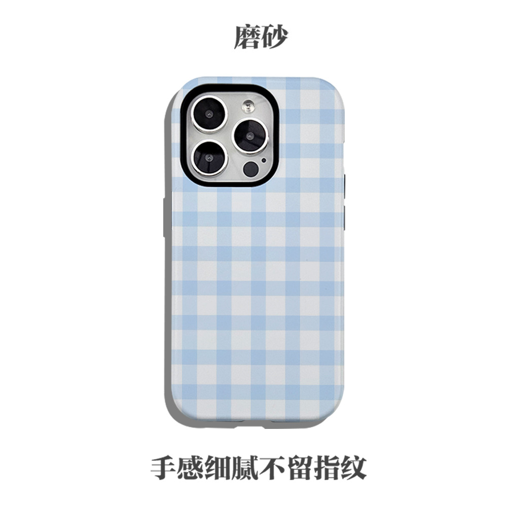 跨境款大孔菲林二合一全包手机壳包邮蓝色方格适用于苹果17pm安卓