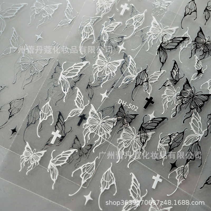 赤い金の透かし彫りの手描きの液体の蝶の爪は紙のネットの赤い金の透かし彫りの白黒の金銀のレーザーの極光のステッカーを貼ります。|undefined