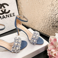 2024新款夏季珍珠涼鞋細跟圓頭露趾時尚百搭韓版一字帶牛仔高跟鞋