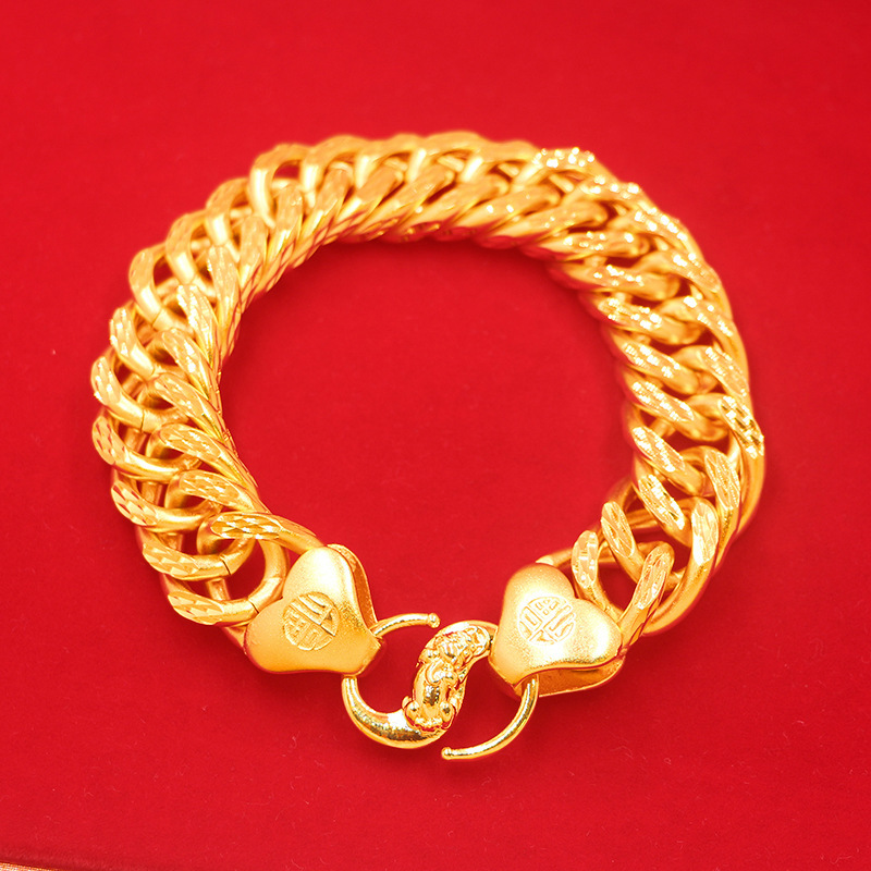 Fortune Character Bracelet for Men, Wide Version, Super Bold, Engraved Design, 24K Gold-Plated Vietnamese Sand Gold Men's Bracelet