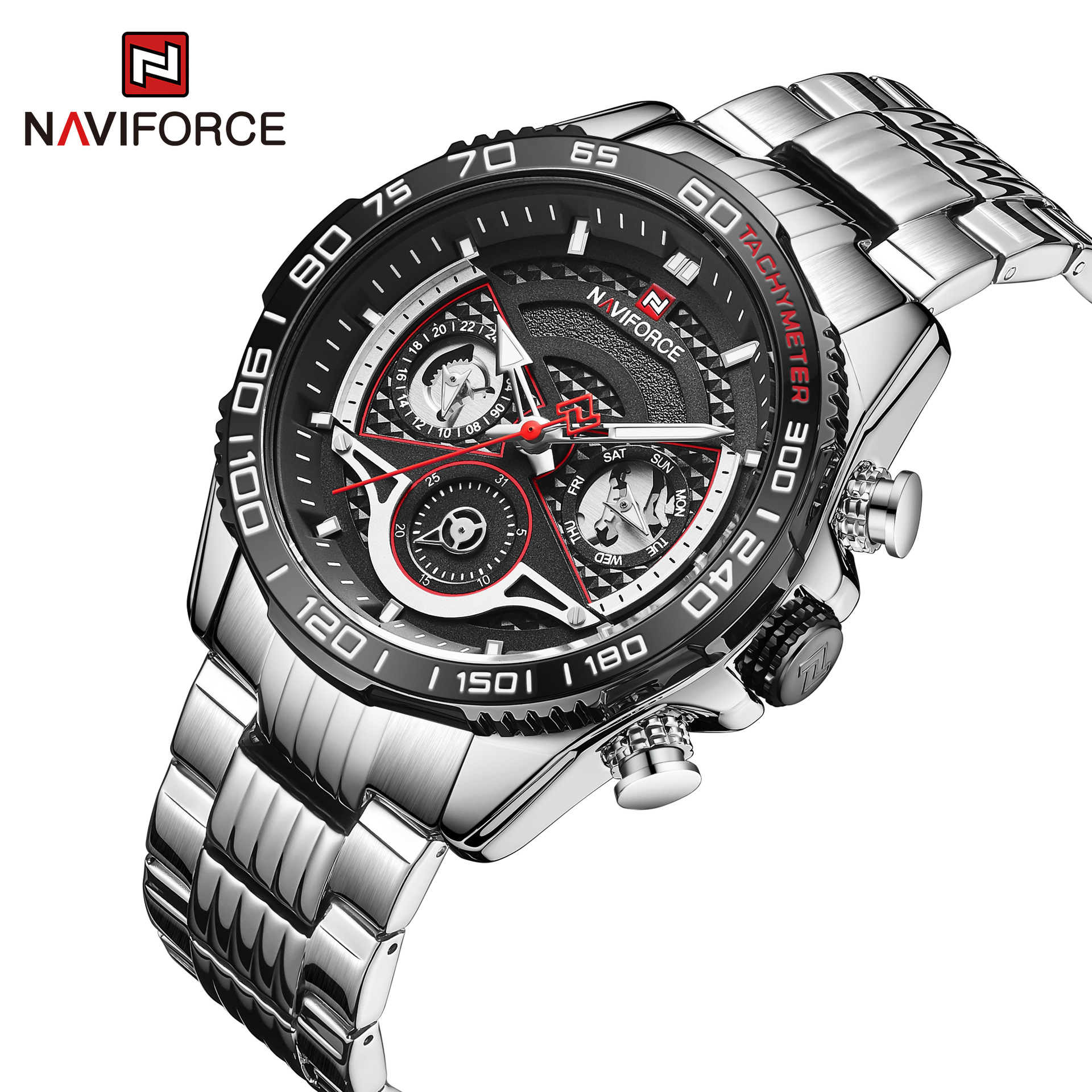 Relógio esportivo masculino com calendário, pulseira de aço e modelo 9185 Six NAVIFORCE/Lingxiang Pin._voghion.com