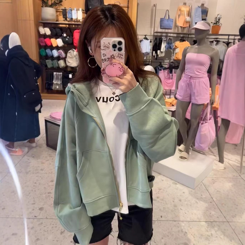 Lulu-Style Scuba Full-Zip Embroidered Hooded Sweatshirt for Women, Short Loose-Fit Sports Casual Jacket for Petite Figures