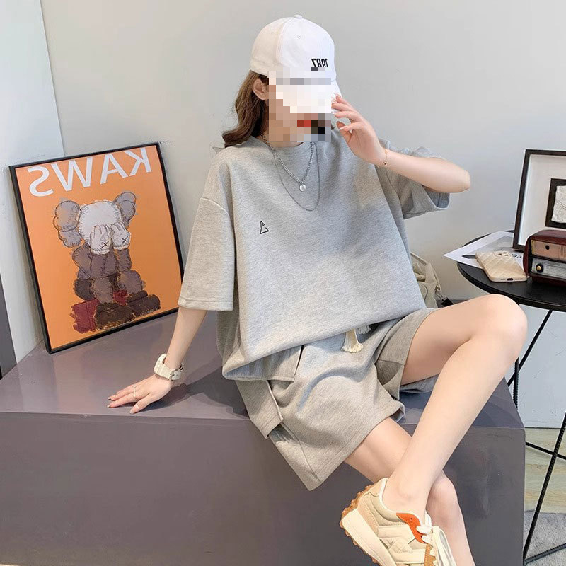 时尚休闲运动服套装女夏装小个子大码宽松学生洋气短袖短裤两件套|undefined